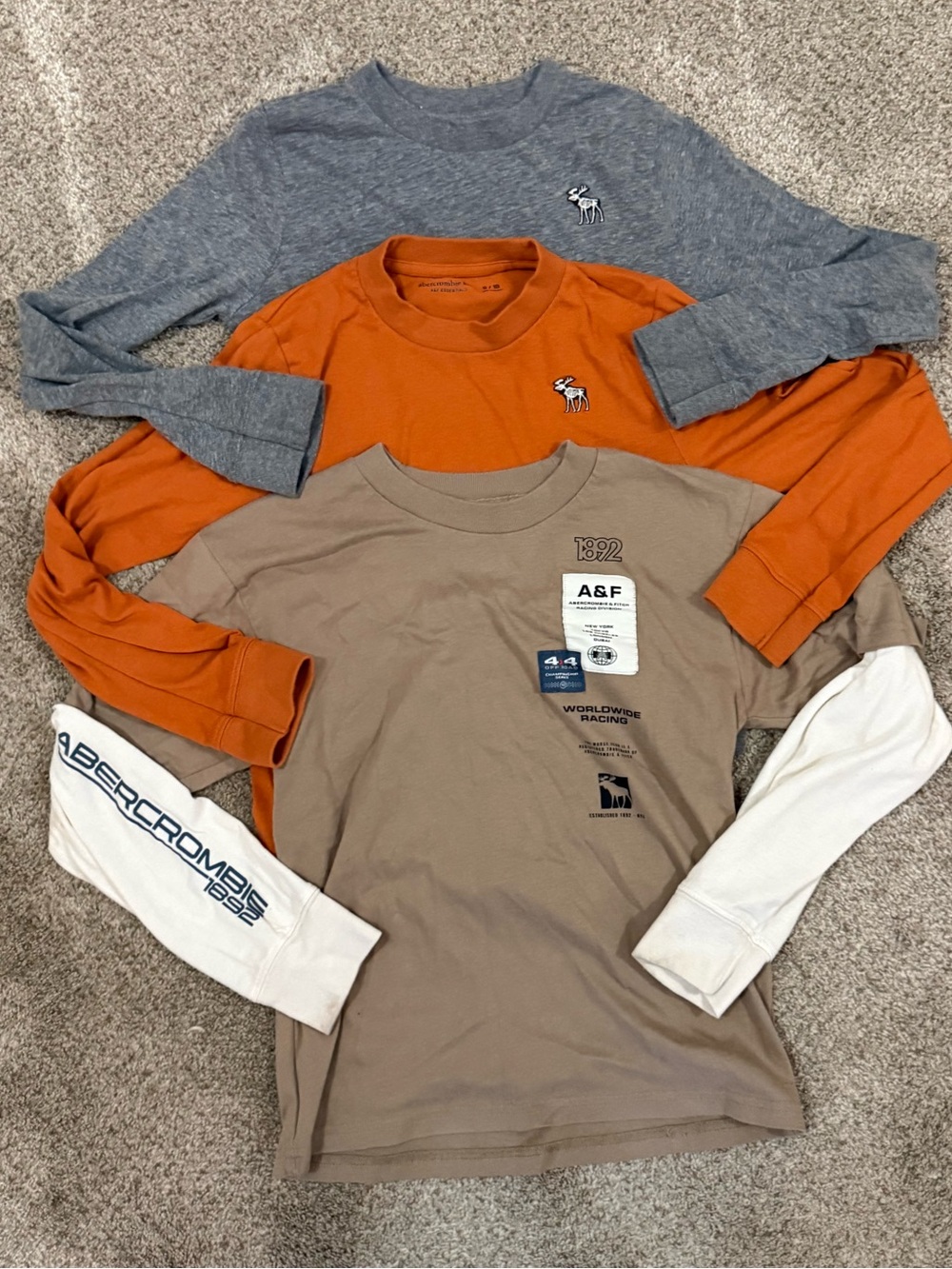 Abercrombie & Fitch Kids Layered Long-Sleeve Tee Trio - Gray, Orange, Tan